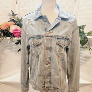 ZARA WOMEN DISTRESSED LIGHT WASH JEAN JACKET WITH SHOE LACE BACK SIZE SMALL